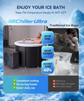 Heavy Hitter Ice Bath Water Chiller And Heater With Smart Touchscreen For Gym Recovery One Horsepower Cold Plunge Cooler in use with a man relaxing.
