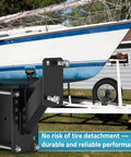 Universal Spare Tire Mount With Anti Theft Rope for Utility Trailers and Boats, showing mount on boat trailer with lug bolts.