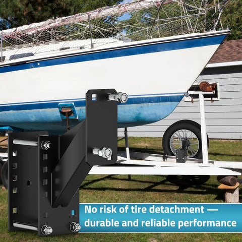 Universal Spare Tire Mount With Anti Theft Rope for Utility Trailers and Boats, showing mount on boat trailer with lug bolts.