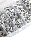 Aluminum Rivet Nuts Set With Flat Head And Anti Rust Finish, Threaded Rivnut Inserts Kit shown in six compartment box