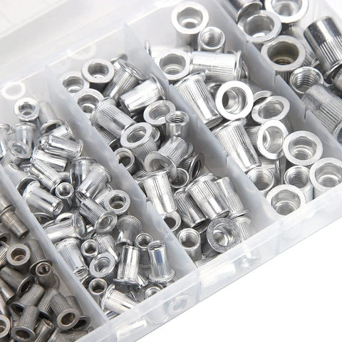 Aluminum Rivet Nuts Set With Flat Head And Anti Rust Finish, Threaded Rivnut Inserts Kit shown in six compartment box