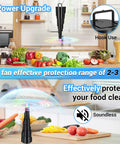 Tabletop Fly Fan Set keeps flies at bay from meals with rechargeable bug fans, soft holographic blades over kitchen countertop.