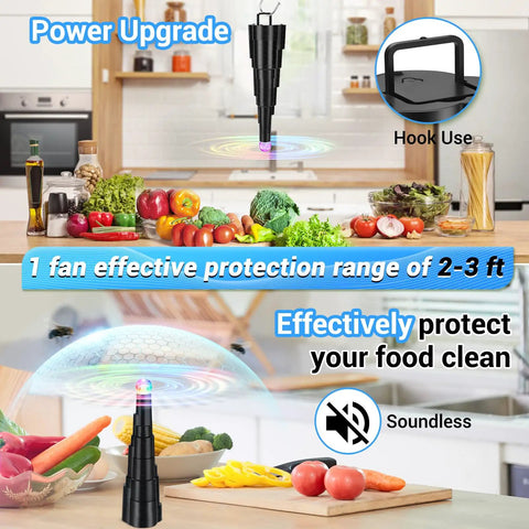 Tabletop Fly Fan Set keeps flies at bay from meals with rechargeable bug fans, soft holographic blades over kitchen countertop.