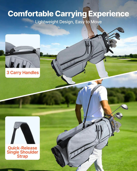 15 Way Top Divider Golf Cart Bag With Full Length Dividers Rain Hood Grip Locking Bottom Silicone Head Protection Storage Pockets Shoulder Strap 600D Cationic Polyester For Men in use on golf course with carry handles and shoulder strap.