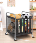 Ball Storage Bin Rolling Sports Cart With Durable Metal Frame filled with toys in a room setting