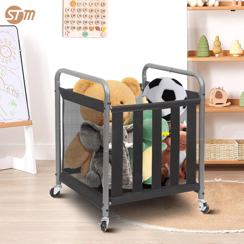 Ball Storage Bin Rolling Sports Cart With Durable Metal Frame filled with toys in a room setting