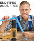 Man using Pro Grade Heavy Duty Heat Gun Kit With Case Upgrade LCD Display for bending pipe hands-free on table.