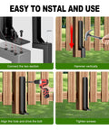 Installation steps for Heavy Duty Steel Fence Post Repair Kit Ground Spike Anchor showing connection, hammering, bolting, and tightening.