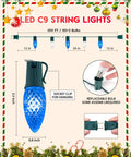 LED C9 string lights with blue bulbs and socket clip for hanging, 100 ft length, showcasing bulb replacement details.