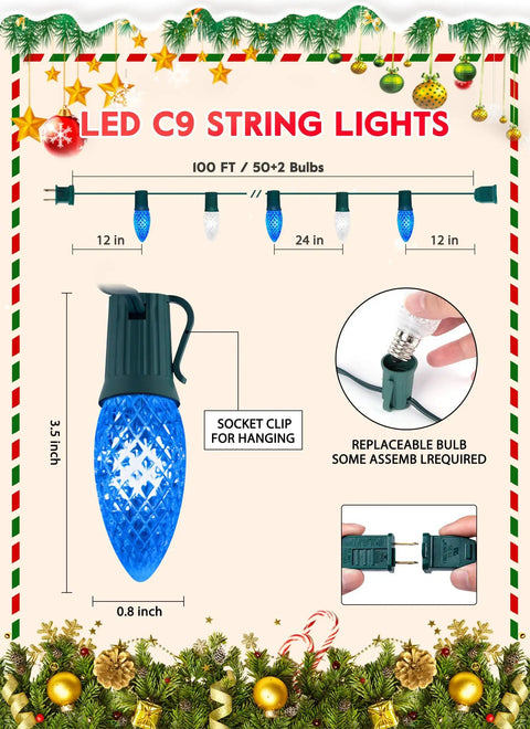LED C9 string lights with blue bulbs and socket clip for hanging, 100 ft length, showcasing bulb replacement details.