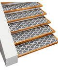 Skid Resistant Carpet Stair Treads Set Of 15 With Moroccan Trellis Pattern In Misty Gray And Linen White 8 By 26 Inches Grippy Rubber Backing