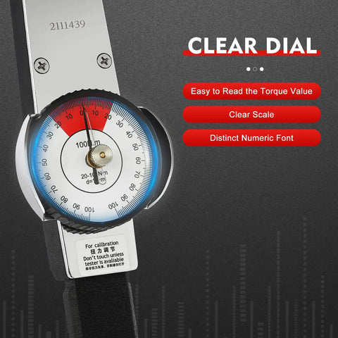 Dial Indicator Torque Wrench With One Half Inch Drive 0-100 Nm Range High Precision Torque Meter 3 Percent Accuracy Pro Grade Tool For Auto Enthusiasts Mechanics And DIY Garage Projects, clear dial scale
