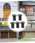 5 Pcs Black Sliding Barn Door Track Spacers Replacement Hardware Kit For Wall Rail Connection Built For Garage Basement And Farm Doors Durable Easy Install With Smooth Polished Surface. Image showing five black spacers with various installed door examples.