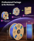 Tri Color Silk PLA Filament 1.75mm 1Kg with vacuum seal and recycled box, showing drying process, 7.8 inch diameter, 2.5 inch width.