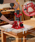 Portable Drill Guide With Adjustable 0 To 60 Degree Jig For Precision Angled Or Straight Holes Auto Centering Alignment For Consistent Starts Fits Hand Drills And Drill Press One Half Inch Chuck Pro Grade Aluminum in use on a wooden workbench.