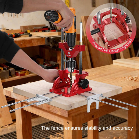 Portable Drill Guide With Adjustable 0 To 60 Degree Jig For Precision Angled Or Straight Holes Auto Centering Alignment For Consistent Starts Fits Hand Drills And Drill Press One Half Inch Chuck Pro Grade Aluminum in use on a wooden workbench.
