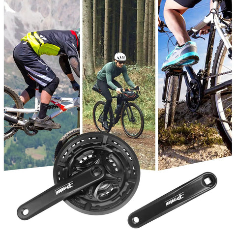 Three By Six Seven Eight Speed Mountain Bike Crankset 170mm With 42 34 24T Chainrings shown with cyclists on rugged trails