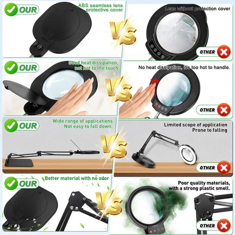 Comparison of Real Glass Magnifying Desk Lamp with 3 in 1 LED Lighting and inferior versions showing features and benefits.