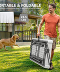 Man carrying folded Two Tier Folding Ice Table With Drain And Detachable Skirt, 4 Foot Ice Cooler Table for portable use