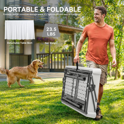 Man carrying folded Two Tier Folding Ice Table With Drain And Detachable Skirt, 4 Foot Ice Cooler Table for portable use