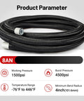 Coiled 8AN PTFE Fuel Line Kit AN8 E85 Nylon Braided Fuel Hose 20ft with specification details, pressure and temperature range.