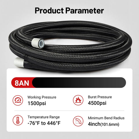 Coiled 8AN PTFE Fuel Line Kit AN8 E85 Nylon Braided Fuel Hose 20ft with specification details, pressure and temperature range.