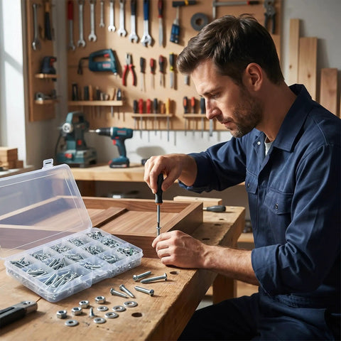 Man using M3 M4 M5 M6 Screw Nut Washer Kit With Round Head Cross Machine Screws Nuts Washers Self Tapping Bolts on wooden project