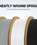 Neatly wound grey, white, and black spools highlighting the Matte PLA Filament Bundle 4kg 1.75mm for 3D Printing Ultra Accurate Tolerance 0.02mm