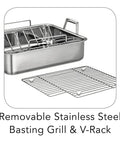 Deep Stainless Steel Roasting Pan With Basting Grill And V Rack For Oven 16.5 Inch Turkey Roaster, with removable grill and rack