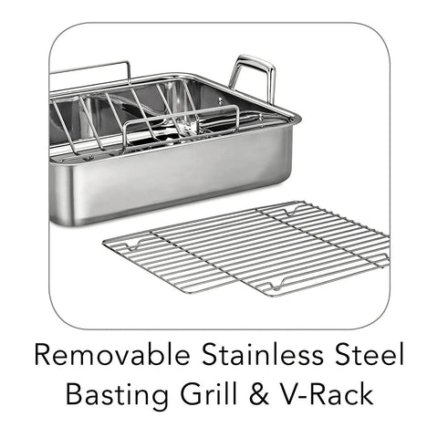 Deep Stainless Steel Roasting Pan With Basting Grill And V Rack For Oven 16.5 Inch Turkey Roaster, with removable grill and rack