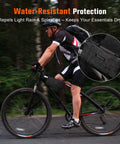 Cyclist riding bike in rain showcasing Water Resistant Top Tube Bike Bag For Phone And Cards Grab And Go Compact Frame Pouch For Road And Mountain Bikes Perfect For Short Rides And Quick Access Storage On The Fly