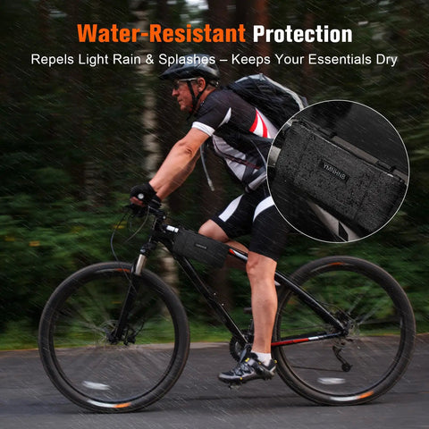 Cyclist riding bike in rain showcasing Water Resistant Top Tube Bike Bag For Phone And Cards Grab And Go Compact Frame Pouch For Road And Mountain Bikes Perfect For Short Rides And Quick Access Storage On The Fly