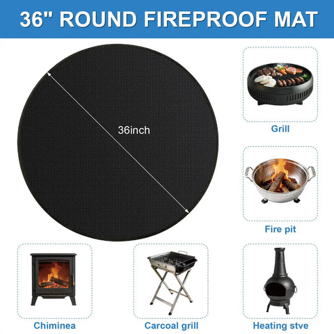 36 Inch Double Sided Fireproof Fire Pit Mat for Bonfire - Heavy Duty Heat Resistant Deck Protector shown with grills and fireplaces