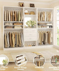 Hella Spacious Wood Closet System With Integrated Mirror Cabinet And Four Deep Storage Drawers with clothes and adjustable shelves.
