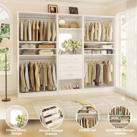Hella Spacious Wood Closet System With Integrated Mirror Cabinet And Four Deep Storage Drawers with clothes and adjustable shelves.