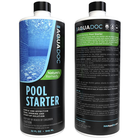 Front and back view of AquaDoc Pool Opening Starter Kit With Enzyme For Above Ground And Inground Pools, 32oz Bottle