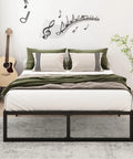 Sturdy Queen Bed Frame With 14 Inch Low Profile Platform Heavy Duty Steel Slat Support No Box Spring Headache For Memory Foam And Pillowtop Mattress Fast Easy Setup in a modern bedroom with decorative elements.