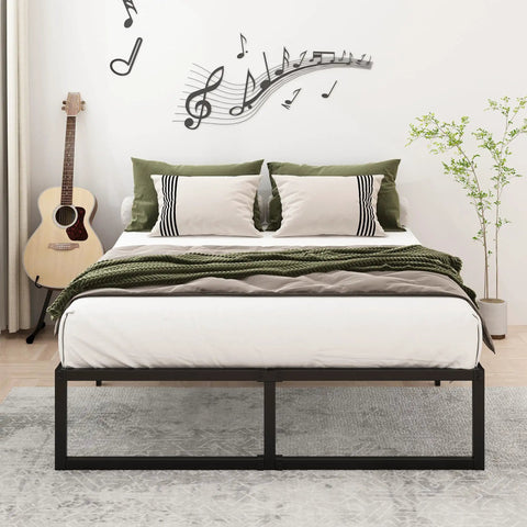 Sturdy Queen Bed Frame With 14 Inch Low Profile Platform Heavy Duty Steel Slat Support No Box Spring Headache For Memory Foam And Pillowtop Mattress Fast Easy Setup in a modern bedroom with decorative elements.