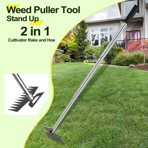 2-In-1 Weed Puller And Rake Tool For Weeding Dandelions And Grass, Back-Saving Handy Hand Tiller And Uprooter with garden view