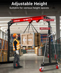 1.5 Ton Portable Gantry Crane With Adjustable Height From 8.53 To 12.47 Feet And A 6.56 Foot Span, Steel I Beam Construction, Red Finish