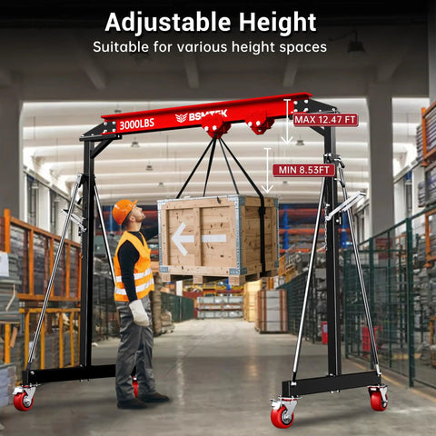 1.5 Ton Portable Gantry Crane With Adjustable Height From 8.53 To 12.47 Feet And A 6.56 Foot Span, Steel I Beam Construction, Red Finish
