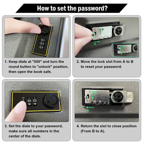 Instructions for setting password on Book Safe Dictionary Diversion With Combination Lock And Fireproof Money Bag Hidden Storage