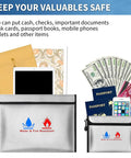 Heavy Duty Fireproof Document Pouches Set With Silicone Coated Exterior and Aluminum Foil Lining showing tablets and cash inside