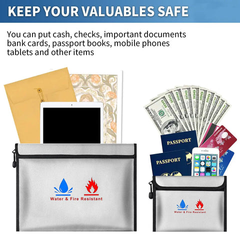 Heavy Duty Fireproof Document Pouches Set With Silicone Coated Exterior and Aluminum Foil Lining showing tablets and cash inside