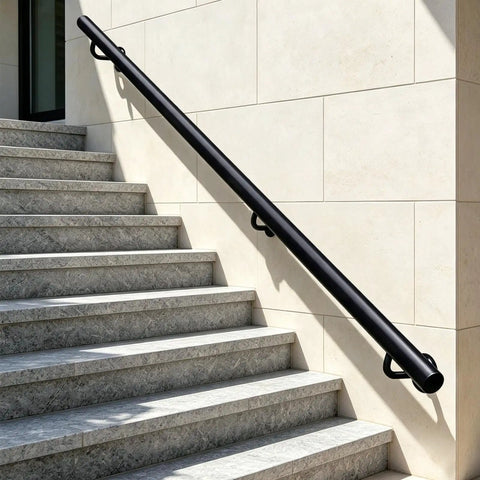 Hella Tough Adjustable Stair Handrail With Custom Cut Industrial Steel Finish Weatherproof Indoor Outdoor Grab Bar alongside grey stone steps.
