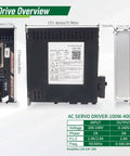 AC servo driver 100W-400W drive overview with dimensions and specifications shown beside the device.