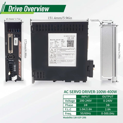 AC servo driver 100W-400W drive overview with dimensions and specifications shown beside the device.