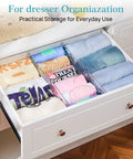Drawer with filled 12 Pack Clear Drawer Dividers For Clothes 4 Inch Tall Expandable Dresser Organizers, organizing t-shirts.