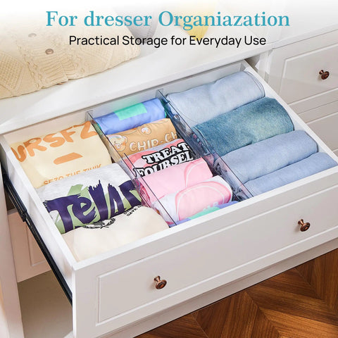 Drawer with filled 12 Pack Clear Drawer Dividers For Clothes 4 Inch Tall Expandable Dresser Organizers, organizing t-shirts.