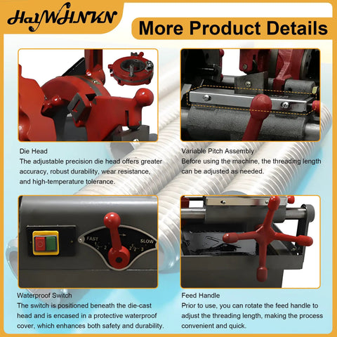 Plug And Play Heavy Duty Electric Pipe Threader Machine 1/2 To 3 Inch With Npt Dies 110V showing adjustable die head and waterproof switch.